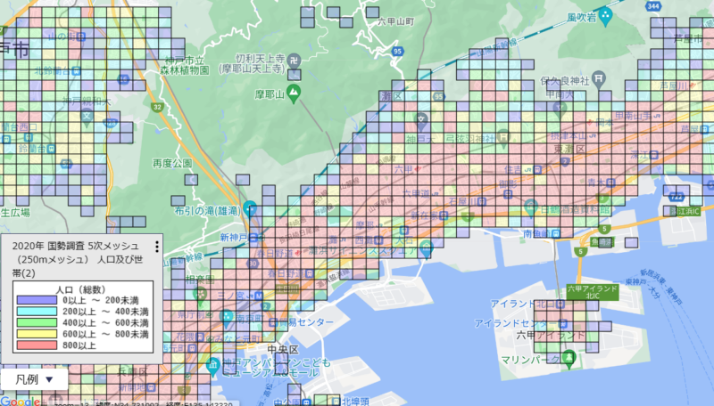 神戸市灘区および東灘区の人口分布