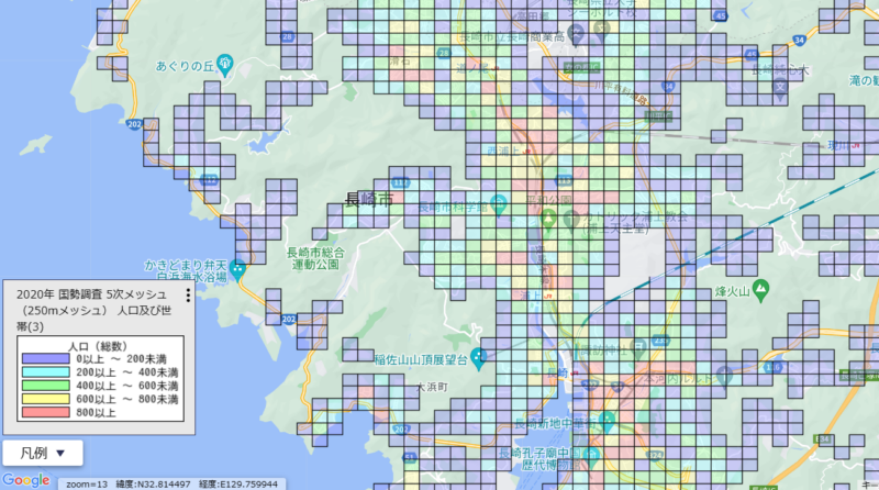 長崎市北部の人口分布