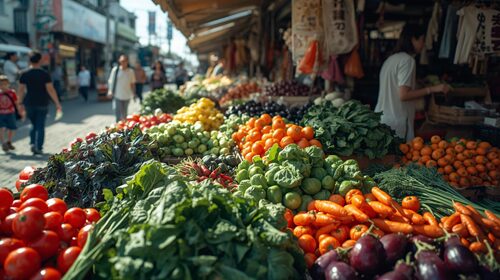 色とりどりの野菜の市場（Canvaで生成）